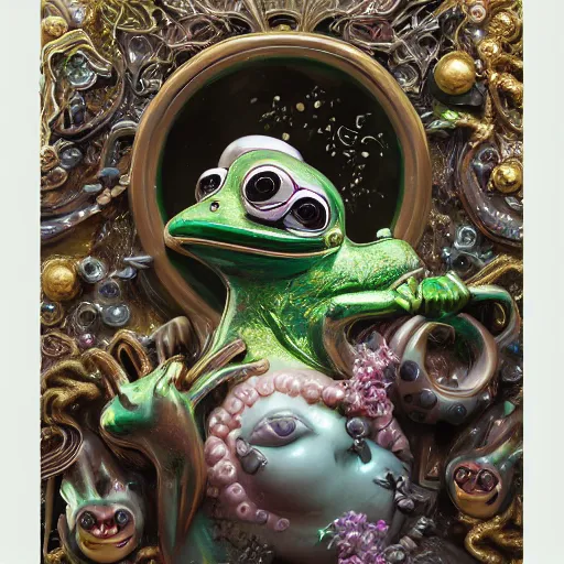 Prompt: plasticine wet shiny angels, crystal, moonlit, mirrors, camera angled dramatically, realistic, a hyperdetailed design of pepe the frog, ferocious, chinese mythology, victo nga, fumo yoshitoshi, ren jing jeong, feifei ruan, peter mohrbacher, takato yamamoto