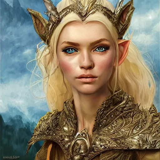 Prompt: a beautiful elven princess with a blond hair and blue eyes, fantasy character portrait by denis sarazhin