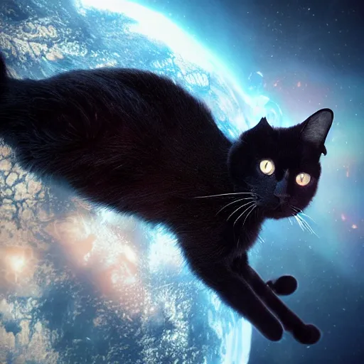 Prompt: black cat in space, hypermaximalistic, high details, cinematic, 8k resolution, beautiful detailed, insanely intricate details, artstation trending, octane render, unreal engine