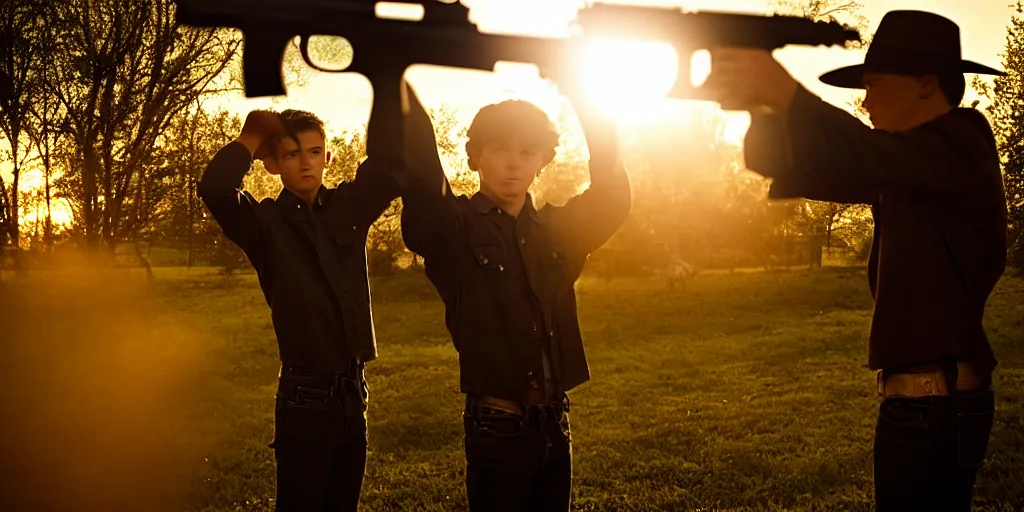 Image similar to the sunset's light beams through a window, tommy 1 8 years old, shoots revolvers with his older brother rickey who is a tough 2 6 year old male, action pose, outside in a farm, medium close up shot, depth of field, sharp focus, waist up, movie scene, anamorphic, costume art direction style from the movie the outsiders