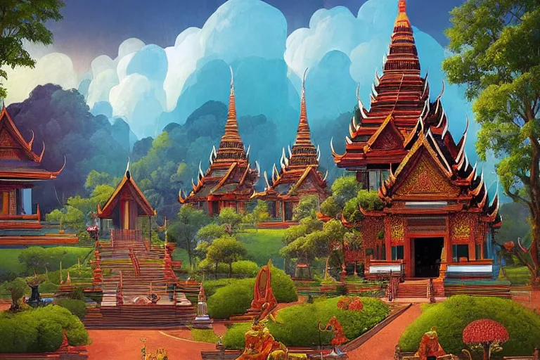 Image similar to summer morning, thai temple, rolling mountain, very coherent and colorful high contrast, art by gediminas pranckevicius, geof darrow, dark shadows, hard lighting