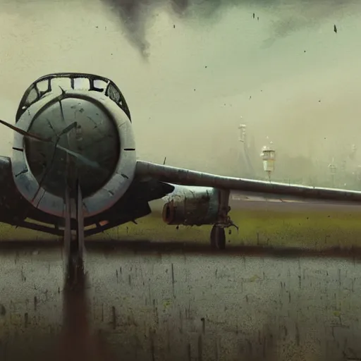 Prompt: movie frame of a vintage scrappy aircraft parked on the tarmac on a misty but epic day, wet ground, neon lights, very wide angle shot, by ian mcque, robert valley, tom bagshaw, global illumination