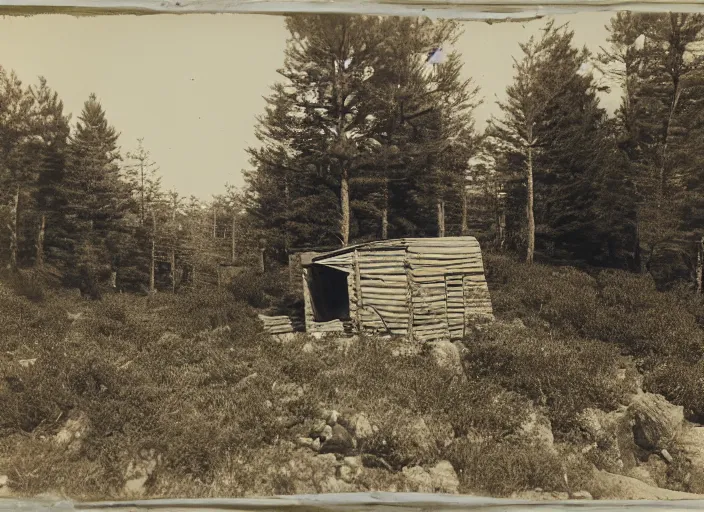 Prompt: Photograph of a miner's wooden shack among dry bushes and boulders in a pine forest, albumen silver print, Smithsonian American Art Museum