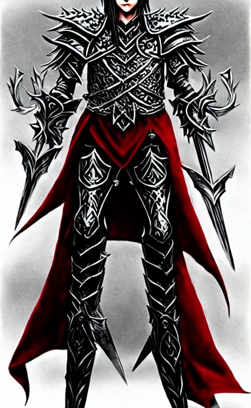 Image similar to A male elf, 20 years old, short silver hair, red eyes, spiked black metal crown with three round designs on the front side, black heavy armor with gold trim, red cape, lean but muscular, attractive, command presence, royalty, weathered face, smooth, sharp focus, illustration, concept art, highly detailed, muscle definition, fantasy paitning, ArtStation, ArtStation HQ