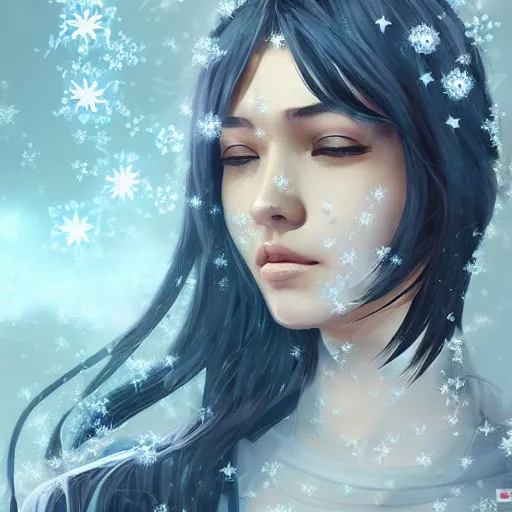 Image similar to a pretty face turning into silk snowflakes. artstation award