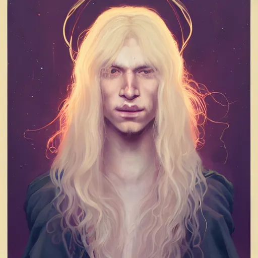 Prompt: a portrait of a beautiful androgynous blond man, albino pale white skin and long fluffy curly blond hair, Center parted curtain bangs, close up view, head and upper body, looking upward, fullface, light from above, by Peter Mohrbacher, trending on artstation, 8k