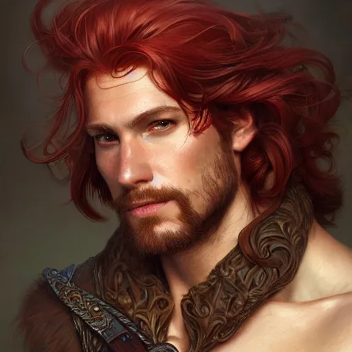 Image similar to portrait of a young ruggedly handsome but joyus pirate, male, masculine, upper body, red hair, very long hair, d & d, fantasy, intricate, elegant, highly detailed, digital painting, artstation, concept art, matte, sharp focus, illustration, art by artgerm and greg rutkowski and alphonse mucha