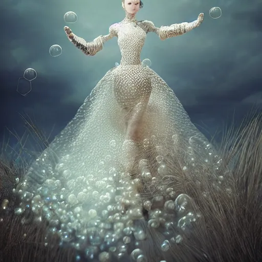 Image similar to medium shot of a woman wearing an armor made of thousands of bubbles. soft. fragile. by ray caesar. by louise dahl - wolfe. by anna claren. surreal photography. octane render