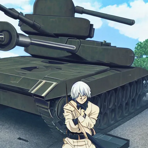 Prompt: A man with a saber facing down a tank, detailed, anime