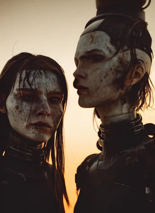 Image similar to cinestill 5 0 d photographic portrait of two loving female androids wearing rugged black techwear on a desolate plain with a red sky, extreme closeup, cyberpunk style, dust storm, 8 k, hd, high resolution, 3 5 mm, f / 3 2, ultra realistic faces, ex machina