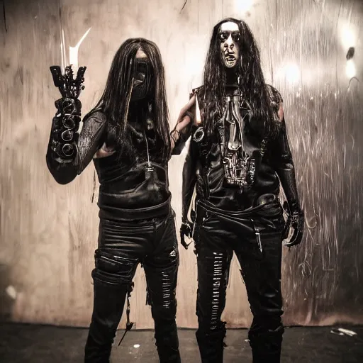 Prompt: cyberpunk black metal band, 3 - piece, guitarists, bassist, drummer, vocalist, all black cyberpunk clothes, robotic prosthetic limbs, dermal implants, detailed faces, cyborg satan, futuristic, realistic, promo photograph, epk, wall full of candles, dramatic lighting, high quality photograph, highly detailed, sharp