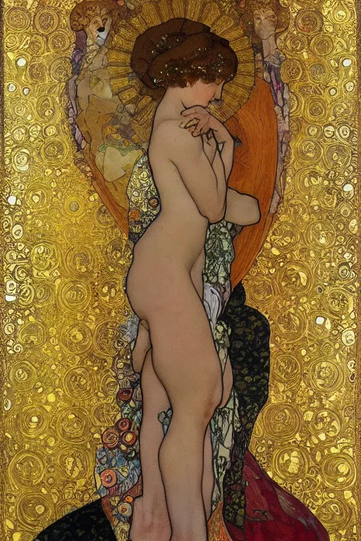 Prompt: a full body portrait of the annunciation oil painting cross between the styles of alphonse mucha and gustav klimt gold leaf, intricate detailed,