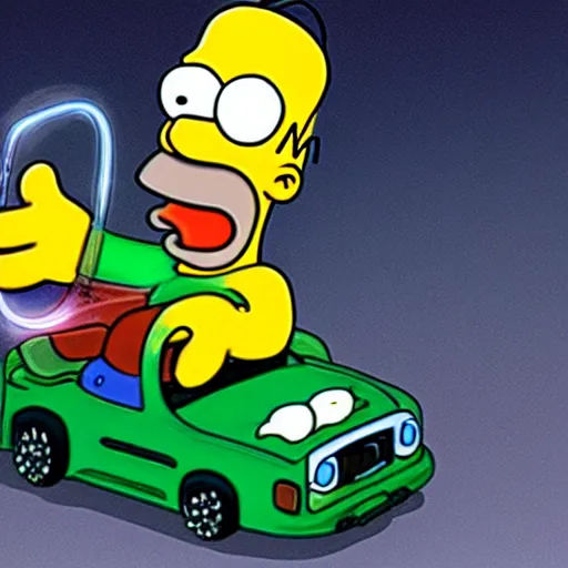 Prompt: homer simpson driving a car. he is holding a green lightsaber