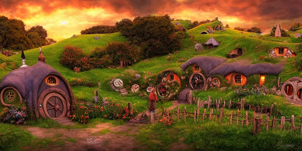 Image similar to Hobbiton but the houses are made from shipping containers, realistic, highly detailed, digital painting, smooth, sharp focus, cinematic lighting, Peter Jackson