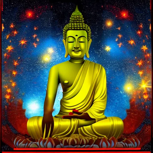 Prompt: brilliancy of buddha illuminates the whole universe