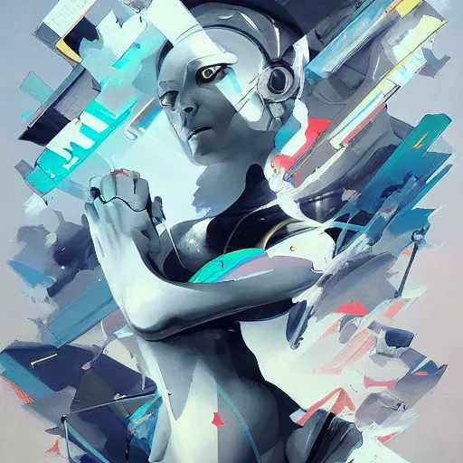 Image similar to scifi futurism automaton minimalism chrome by peter mohrbacher art Hajime Sorayama airbrush hyperrealism model abstract shatter fragments cubism futurism pastel blue soft flat minimal minimalism portrait face jackson pollock ukiyo-e lithograph mark ruthko swirl escape noise shimmer glow paint