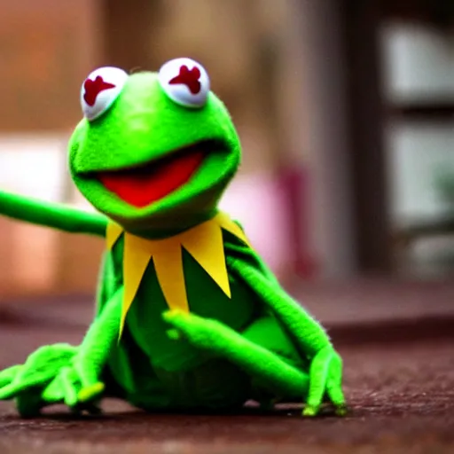 Image similar to kermit the frog doing super fast karate moves, detailed, mild motion blur