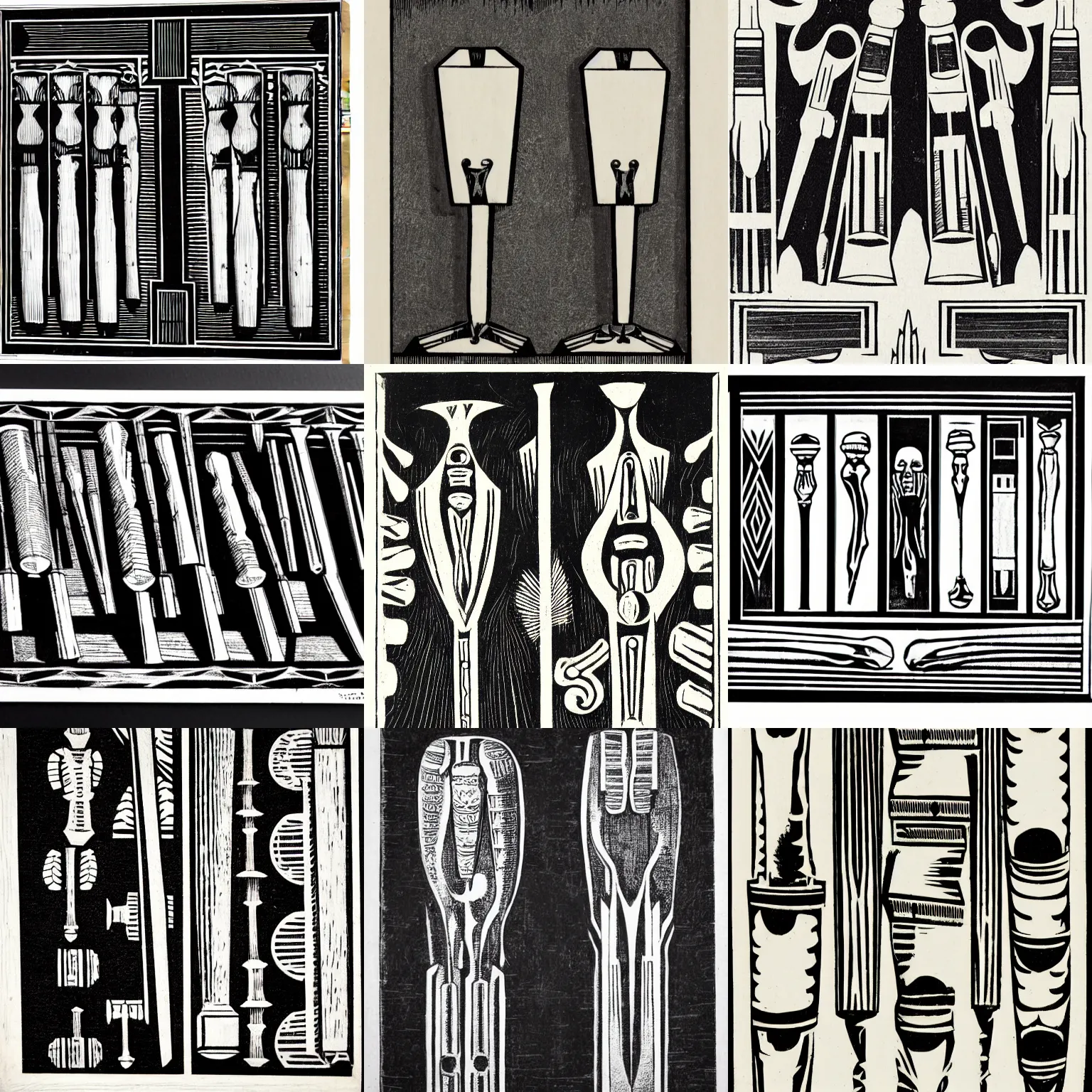 Prompt: art deco woodcut portraying femurs, black and white