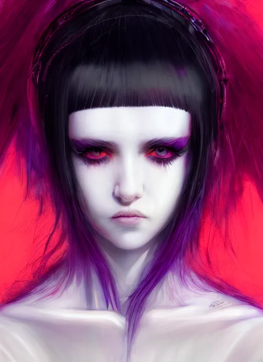 Image similar to whitebangs, black hair, black cyberlox, portrait of white teenage girl, normal face, white bangs, fluffy bangs, cyberlox, whitebangs, red contact lenses, purple background, intricate, elegant, highly detailed, digital painting, artstation, concept art, sharp focus, smooth, illustration, art by wlop, mars ravelo and greg rutkowski