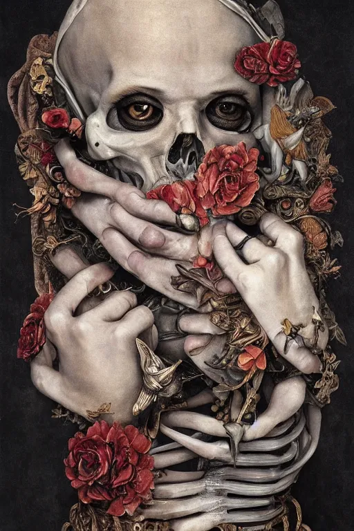 Image similar to Detailed maximalist portrait with large lips and with large, wide eyes, sad expression, extra bones, flesh, HD mixed media, 3D collage, highly detailed and intricate, surreal, illustration in the style of Caravaggio, dark art, baroque