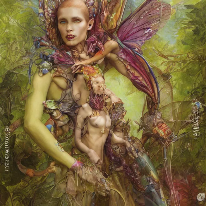 Image similar to a fashion editorial of fairy as a brightly colored sphinx amphibian hybrid with wet translucent skin. wearing an growing organic exosuit. by tom bagshaw, donato giancola, hans holbein, walton ford, gaston bussiere, brian froud, peter mohrbacher and magali villeneuve. 8 k, cgsociety