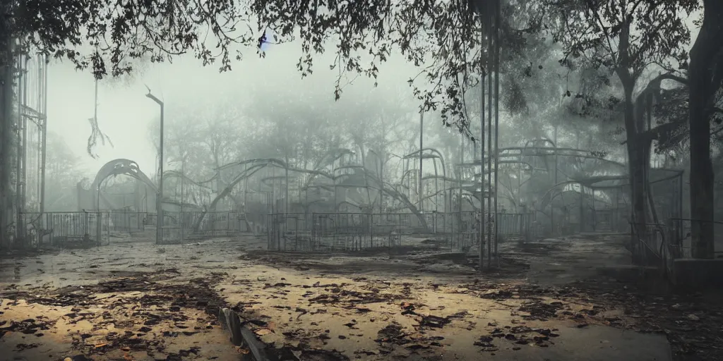 Image similar to creepy view into abandoned theme park with many attractions, fog, rain, volumetric lighting, beautiful, golden hour, sharp focus, highly detailed, cgsociety