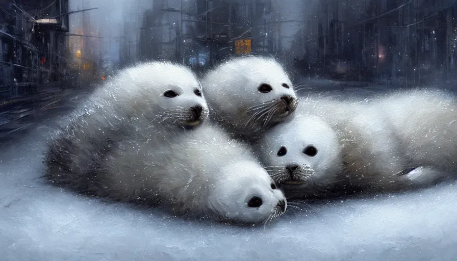 Image similar to highly detailed painting of cute furry white baby seals cuddled up in a cardboard box in a snowy dystopian cyberpunk street by william turner, by greg rutkowski, by artgerm, thick brush strokes and visible paint layers, 4 k resolution, retrowave colour scheme
