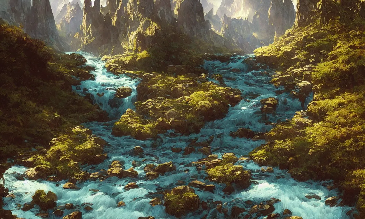 Image similar to Mountain river flows through a fantasy landscape gorge. A big blue lake in the middle of the mountains. Fabulous nature, amazing seascape, highly detailed, digital painting, artstation, concept art, smooth, sharp focus, illustration, art by greg rutkowski and alphonse mucha