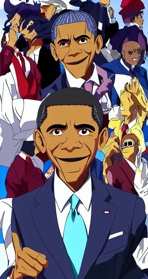 Image similar to barrack obama anime in the style of jojo's bizarre adventure david productions