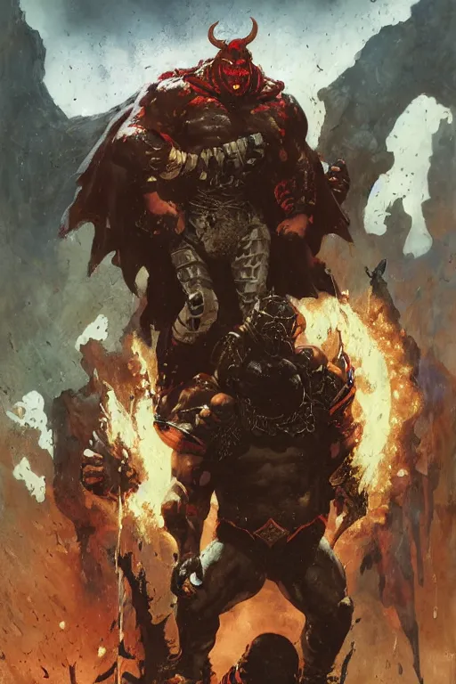 Prompt: huge brock lesnar as demon king wearing cape and black armour, alex ross, jack kirby, sergey kolesov, jason fabok, lawrence alma tadema, norman rockwell, greg staples, rick berry, jeremy mann