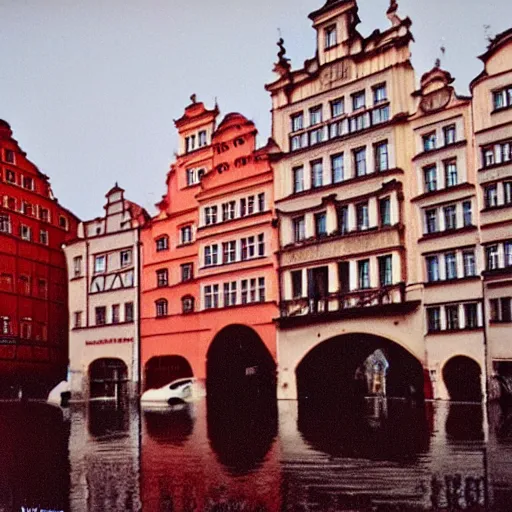 Prompt: Wrocław during 1997 red wine flood, award winning Polaroid color photo