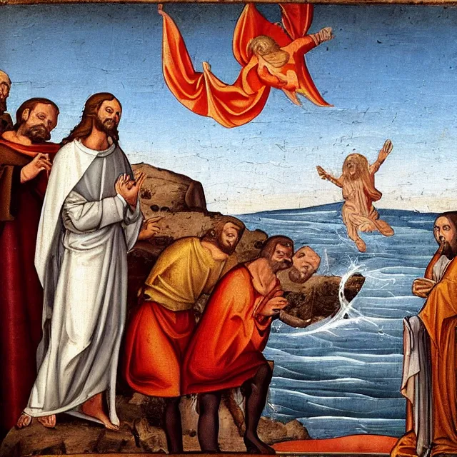 Prompt: a medieval painting depicting jesus of nazareth blessing a submarine