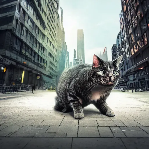 Image similar to a cat kaiju stomping through a city, realistic, 8 k, low angle