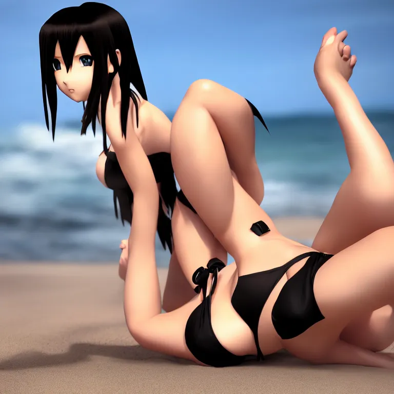 Prompt: tifa lockheart on a beach in an black bikini, realistic, model shot, anime style, anime eyes, dslr photo