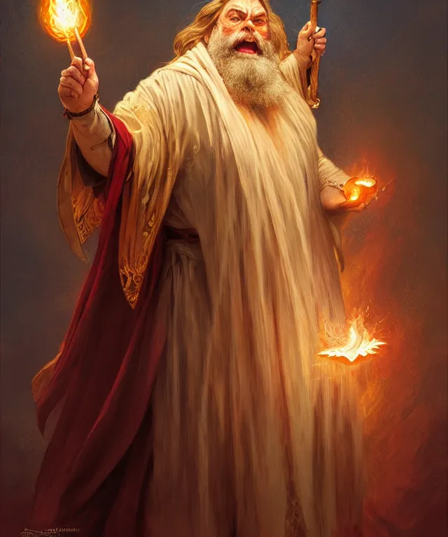 Image similar to brian blessed as a fantasy dwarf wizard, casting a fireball spell, with a staff and billowing cloak, portrait, fantasy, intricate, elegant, highly detailed, digital painting, artstation, concept art, smooth, sharp focus, illustration, art by artgerm and greg rutkowski and alphonse mucha