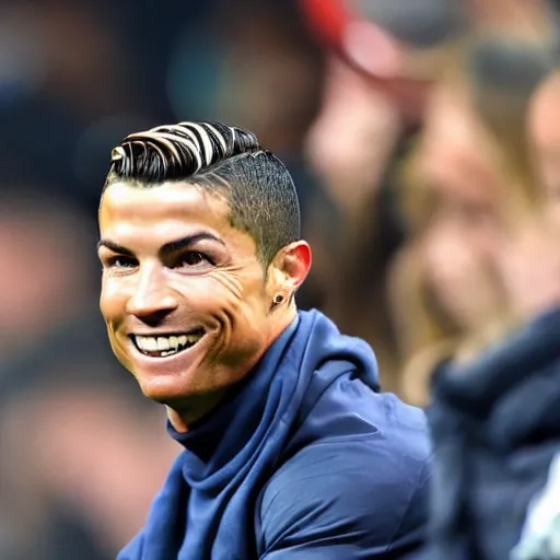 Image similar to cristiano ronaldo smiling sitting on the bench and waving his hand