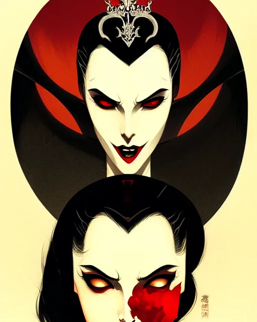 Image similar to beautiful vampire queen with crown, symmetrical face, evil, portrait, cinematic, dramatic, powerful, super detailed and intricate, by koson ohara, by darwyn cooke, by greg rutkowski, by satoshi kon