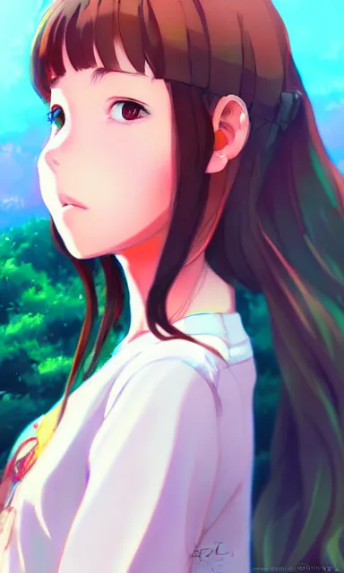 Image similar to a colorful scene of a girl with brown hair, anime, detailed background, female, portrait, trending on artstation, by studio ghibli and rossdraws