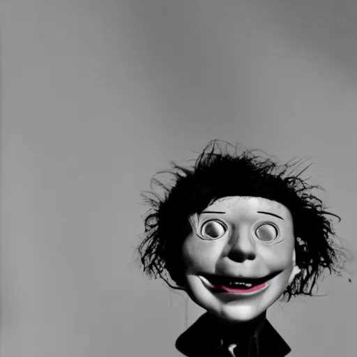 Image similar to high detailed portrait of a ventriloquist dummy in eraserhead staring and smiling, scary, horrifying, creepy