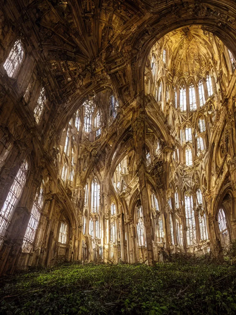 Image similar to Wide angle photograph of the inside of an abandoned cathedral, with a broken roof and overgrown with vines and bushes, cinematic lighting, epic scene, dramatic lighting, evening light, sunset, golden hour, fuji velvia, Flickr, national geographic, taken by Daniel Kordan