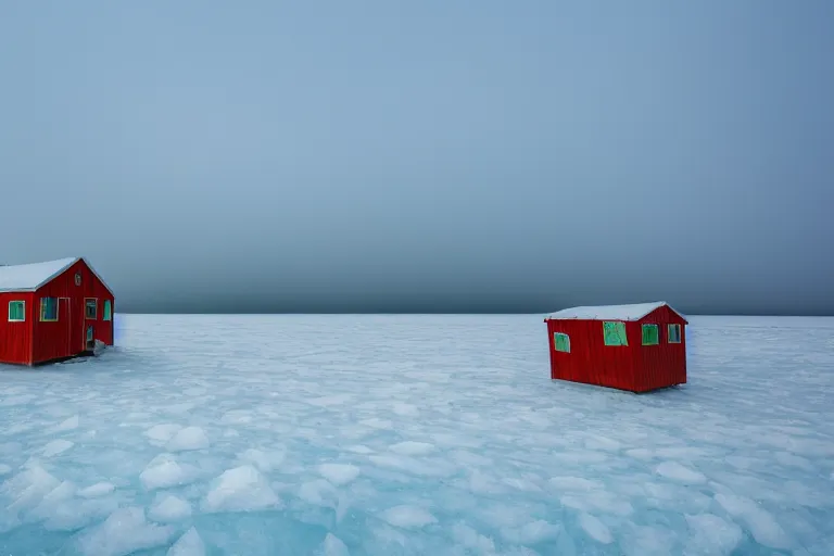 Image similar to landscape photography. ice fishing shack on a frozen lake, wes anderson film screenshot