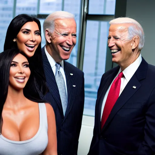 Image similar to stock photo of kim kardashian, joe biden, and bill gates wearing suits and ties laughing in an office building, 8k resolution, full HD, cinematic lighting, award winning, anatomically correct