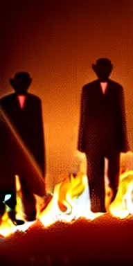 Prompt: men in expensive suite on fire burning in flames an night