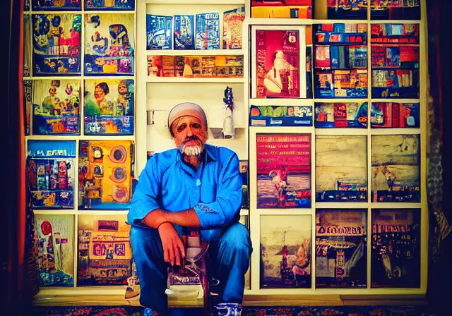 Image similar to home photography portrait, A shopkeeper guy of the SHOME and his family , floor, signboards , poster ; summer, Color VHS picture quality with mixed noise