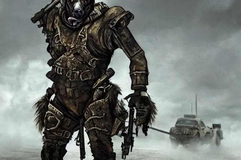 Image similar to a good ol'hound dog fursona ( from the furry fandom ), heavily armed and armored facing down armageddon in a dark and gritty version from the makers of mad max : fury road. witness me.