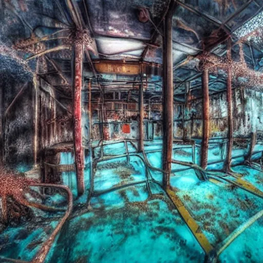 Prompt: abandoned rusty underwater theme park, surreal, horror, eerie, creepy, murky water, underwater, underwater photography,