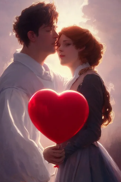 Prompt: a portrait of a couple holding a fluffy heart shaped red balloon floating in heaven, fantasy, high detail, cinematic lighting, concept art, digital art, illustration, smooth, sharp focus, greg rutkowski, alphonse mucha, loish, wlop, trending on artstation