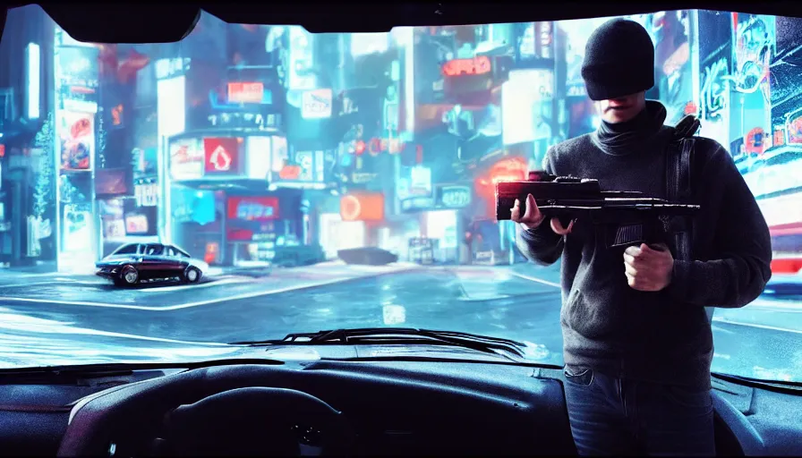 Image similar to elmo!! holding a pistol leans out of the window of a driving car in cyberpunk, digital art, rendering, hyperrealistic, photorealism