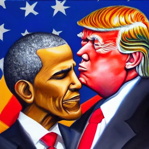 Image similar to oil painting of trump kissing obama, detailed, close up