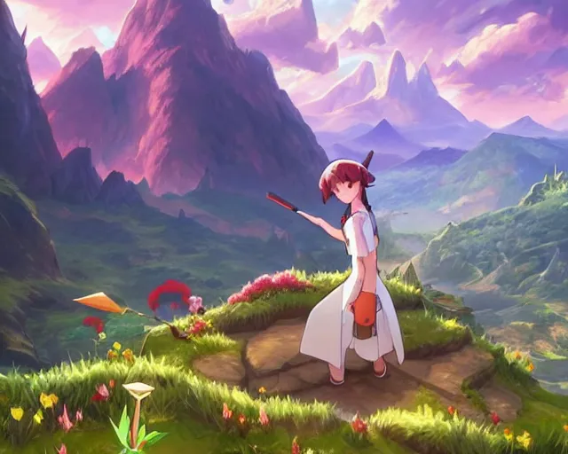 Prompt: pokemon sword and shield ghibli landscape illustration close floral clearing and mountains in the background, deep focus, d & d, fantasy, intricate, elegant, highly detailed, digital painting, artstation, concept art, matte, sharp focus, illustration, hearthstone, art by artgerm and greg rutkowski and alphonse mucha